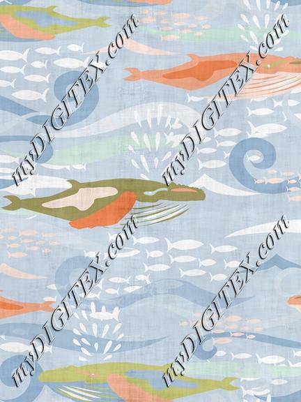 Whales Ocean Fish Texture Greens Peach Blue Calming