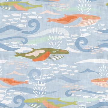 Whales Ocean Fish Texture Greens Peach Blue Calming