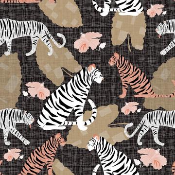 Tigers Jungle Floral Peach White Brown Black